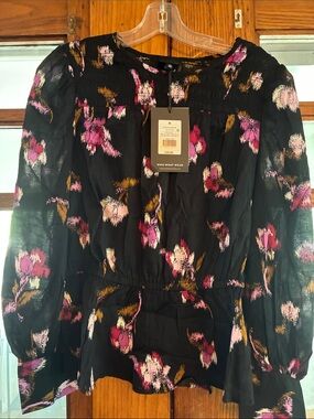 Who What Wear Black Floral Puff-Sleeve Smocked Blouse